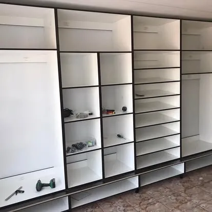 White display shelving unit with black frame