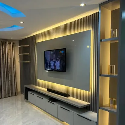 TV wall with warm LED lighting