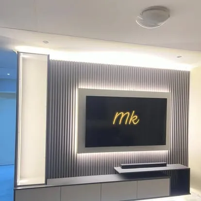 Grey slatted TV wall with LED backlighting