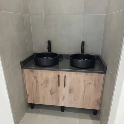 Oak vanity with twin basins